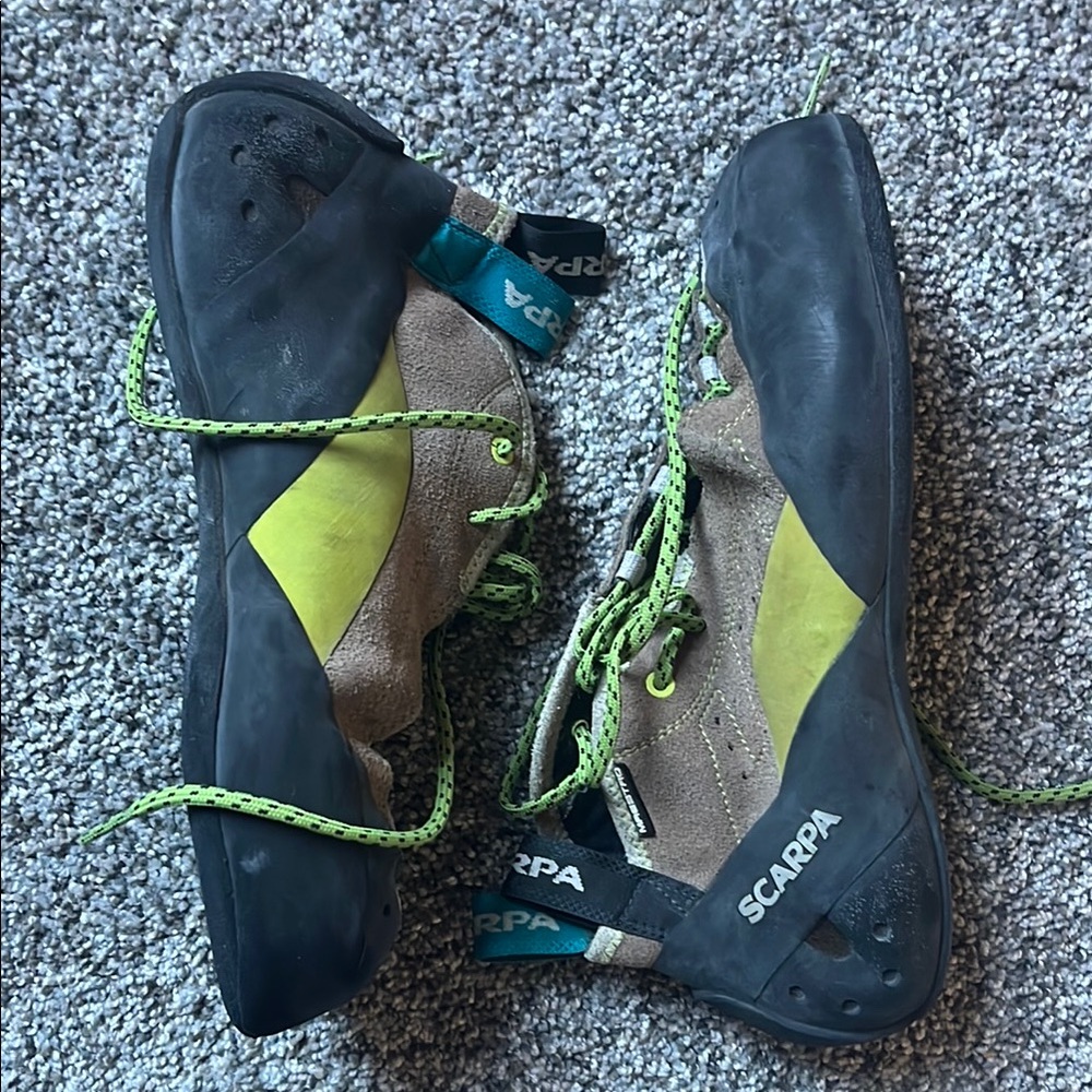 Scarpa Climbing Shoes with Yellow and Green Accents